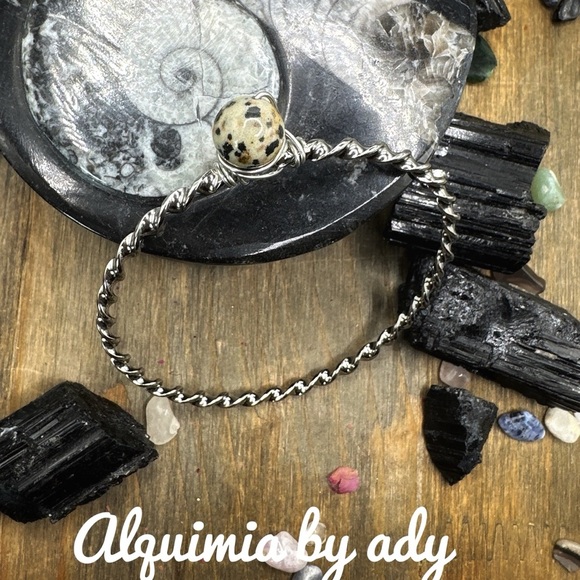 Dalmatian jasper beaded chunky silver statement cuff bangle bracelet - Picture 2 of 7